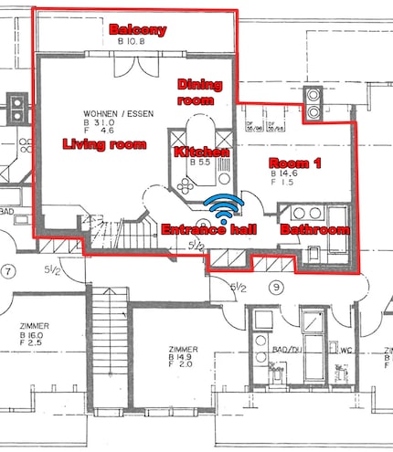 The lower loft floor. Wi-Fi icon in blue: router location.