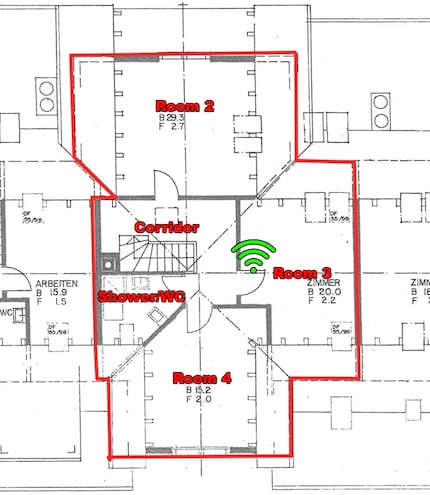 The upper loft floor. Wi-Fi icon in green: router location.