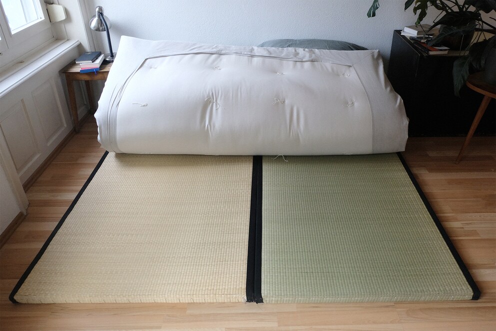 I occasionally air the mats like this because the futon weighs a ton. The mat on the left is the old one, the one on the right is the new one. The difference in colour is down to the natural aging process.