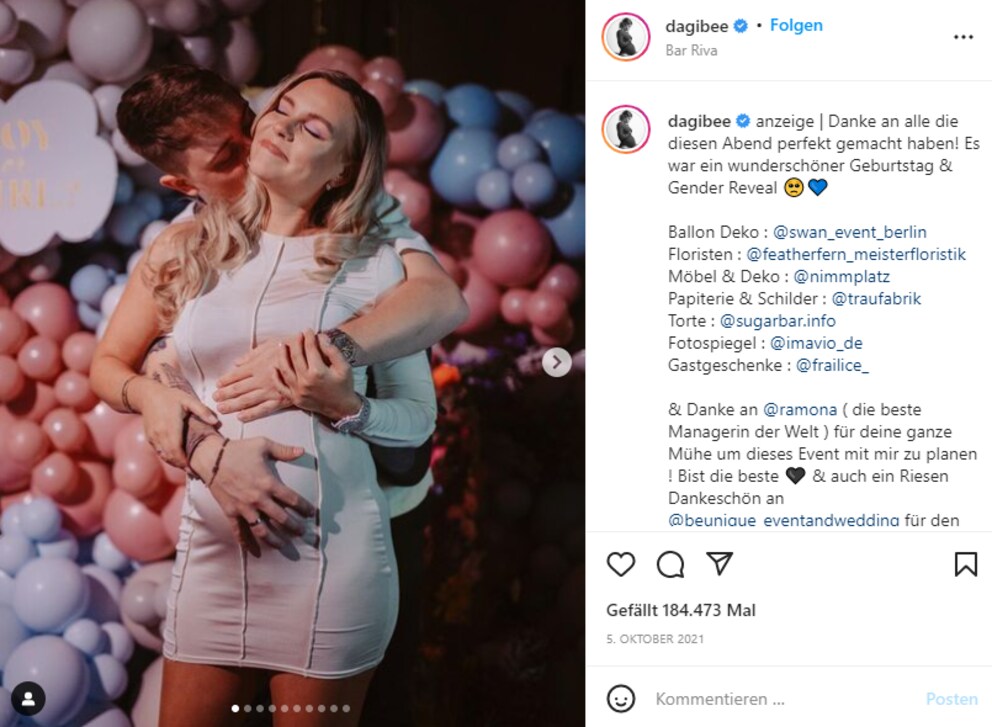 Viel Inszenierung für die Werbepartner: Die deutsche Youtuberin Dagibee hat ihre Gender Reveal Party im Oktober 2021 vermarktet.