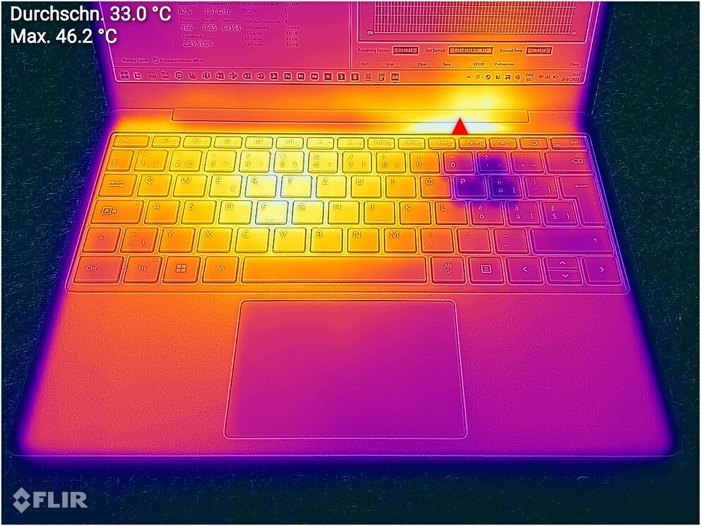 The case of the Microsoft Surface Laptop Go 2 reached a maximum of 46.2 degrees Celsius when the CPU was under constant load.