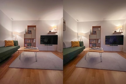 Bei wenig Licht rauscht das Ultraweitwinkel-Bild des iPhone 14 Pro (link) etwas weniger als das des iPhone 13 Pro (rechts).