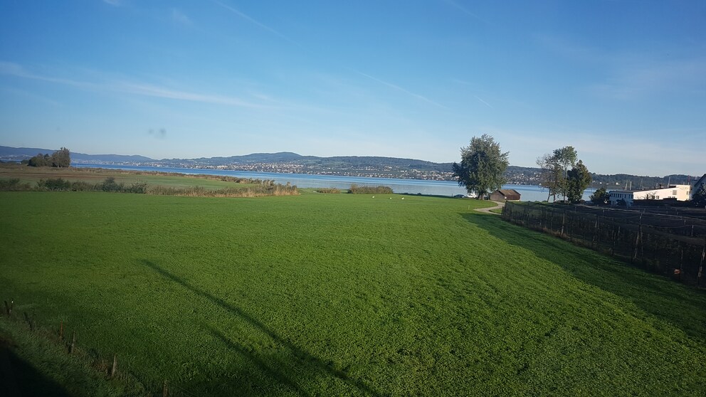 Blick durchs Zugfenster auf den Zürichsee. Die Vorfreude auf die Wandertour steigt.
