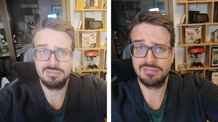 Mein Gesichtsausdruck, nachdem ich die Qualität der Frontkamera-Selfies gesehen habe. Links mit dem Red-Magic-Handy und rechts mit dem Galaxy S22 Ultra festgehalten.