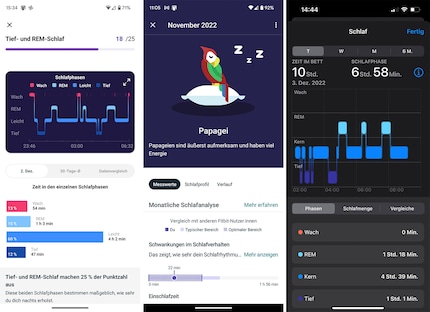 Beim Schlaftracking macht Fitbit so schnell niemand was vor. Die beiden Bilder links sind vom Pixel 7. Das rechte ist vom iPhone.