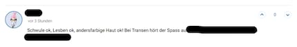 Ich habe den Verfasser sowie einen Teil seines Kommentars geschwärzt, da ich Hass vom und gegen den Verfasser nicht weiter perpetuieren möchte.