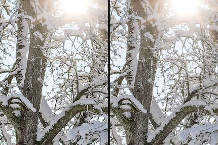 Der High-Resolution-Modus (rechts) erhöht die Auflösung auf 96 Megapixel und fängt so mehr Details ein als ein normales Bild (links).