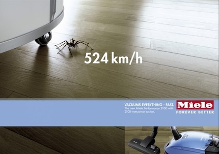 Eine Werbung von Miele aus dem Jahr 2003: Die Saugkraft im Kampf mit Spinnen wurde hier sogar als besonderes Feature hervorgehoben.