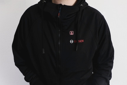 Die Jacke ist zum Glück fast ausschliesslich schwarz, glänzt mir aber ein wenig zu stark.
