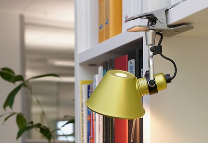 Klammeraffe «Tolomeo Pinza Micro» baumelt hier am Regal und hebt dieses optisch hervor.