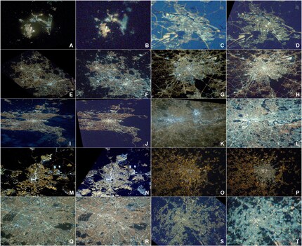 Diese Bilder aus der ISS zeigen die Verschiebungen der Lichtspektren in der nächtlichen Beleuchtung verschiedener europäischer Städte. Gibraltar/Algeciras in (A) 2012 und (B) 2020, Amsterdam in (C) 2012 und (D) 2016, Birmingham in (E) 2013 und (F) 2020, Brüssel in (G) 2013 und (H) 2019, Dublin in (I) 2012 und (J) 2014, London in (K) 2012 und (L) 2020, Madrid in (M) 2012 und (N) 2017, Mailand in (O) 2012 und (P) 2015, Paris in (Q) 2012 und (R) 2020 und Rom in (S) 2012 und (T) 2020.