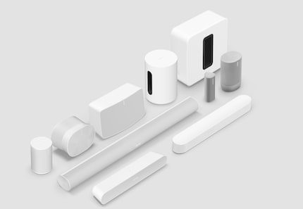 All current Sonos speakers. The two Era models are at the back left, with the Sonos Five to the right.