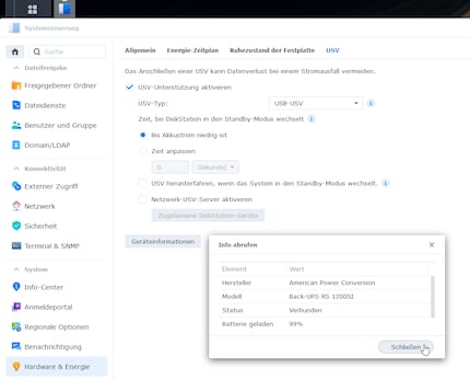 Das Synology-Betriebssystem DSM ermöglicht die Konfiguration einer USV übersichtlich an einem Ort.