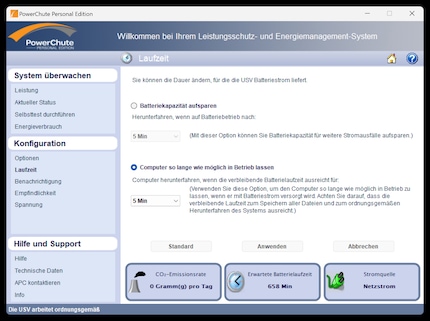 Wann soll sich der PC auf Batteriebetrieb selbstständig herunterfahren?