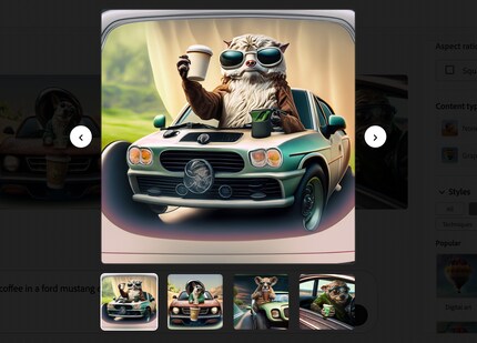 Instead of Yoda, Starbucks, and Ford, a dog-like creature drinks coffee in a car.