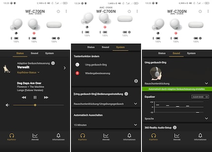 Die drei wichtigsten Ansichten der Sony Headphones-App.