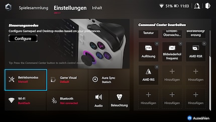 In der Armoury-App kann ich diverse Einstellungen vornehmen und Spiele starten.