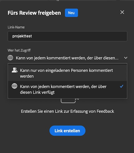  Mit dem Erstellen eines Links vom Projekt kannst du künftig schneller Feedback einholen.