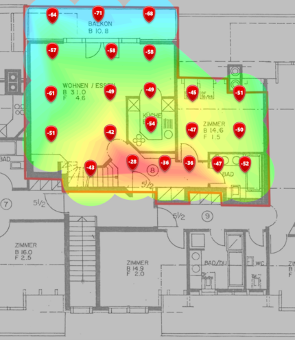 2,4-GHz-Signalpegel im unteren Dachgeschoss