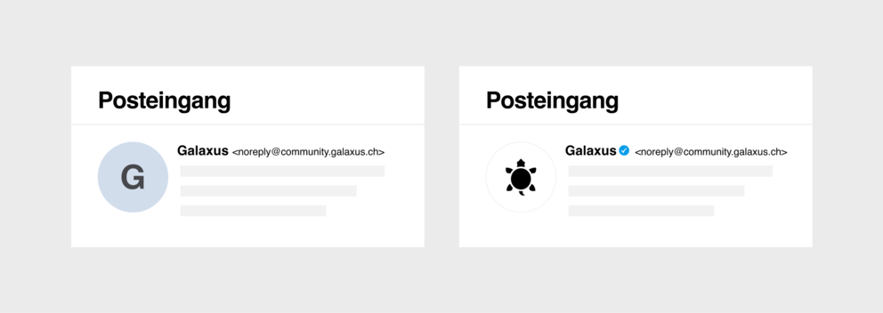 Die Abbildung zeigt Galaxus in deinem Postfach mit und ohne Haken.