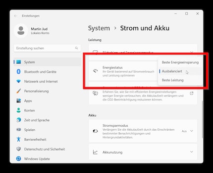 Die drei Energiestatus-Optionen beim Laptop ...