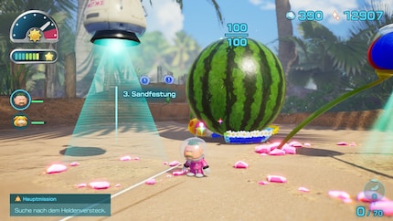 Hier transportiert meine Pikmin-Armee gerade einen «Schatz» – eine wunderschöne Melone.