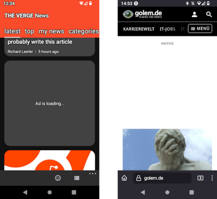 Keine Werbung mehr. Weder in der App von The Verge links, noch auf der Website von golem.de rechts.