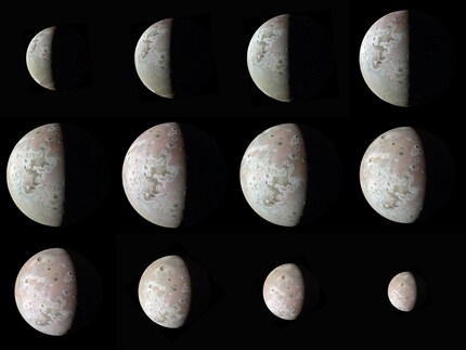 Twelve views of Jupiter's moon Io from the Juno space probe.