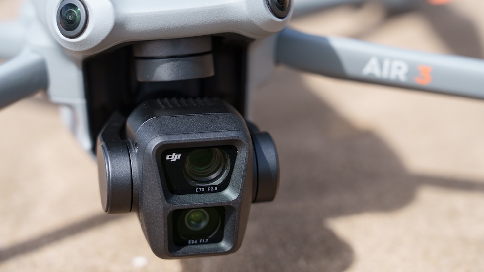 The DJI Air 3 has two cameras: one with a 24 mm focal length and one with a 70 mm focal length.