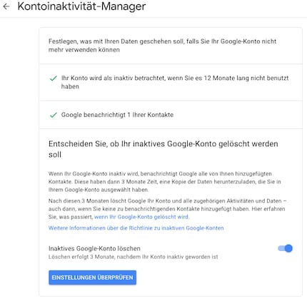 Google bietet eine Vorkehrung an, um den Account zu löschen, wenn er lange genug inaktiv war. Wie lange dieser Zeitraum ist, kannst du selber entscheiden.