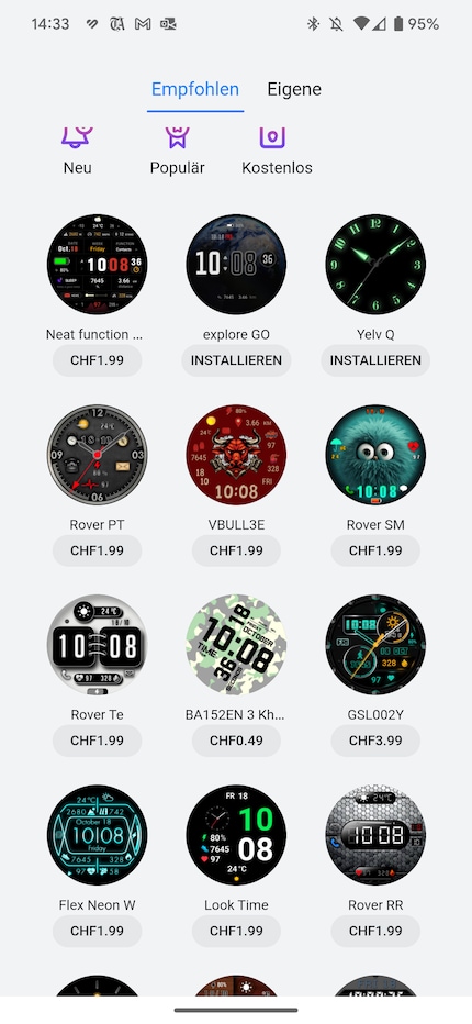 Die ungeordneten Programme im App Store und ein kleiner Teil der Auswahl an Zusatzzifferblättern.