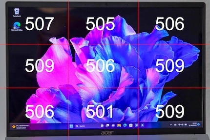 Die Helligkeitsverteilung beim Acer Swift Go 14 in Nits.