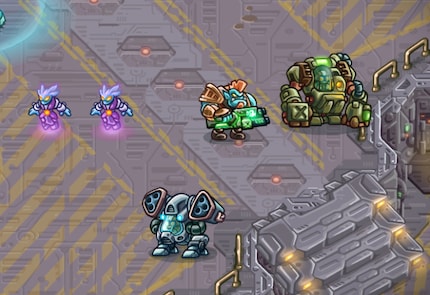 My band of fighters: a hero, a couple of healers and a brawler mech.