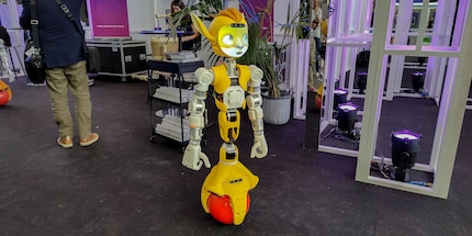 Das ist Miroki. Moriki ist ein Mirokaï und ist hier, um uns Menschen bei alltäglichen Arbeiten zu unterstützen.