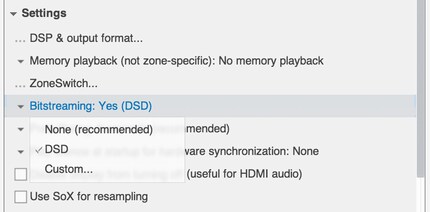Für DSD braucht es einen speziellen Audio-Player, etwa JRiver Media Center. Dort muss ich die Bitstreaming-Option aktivieren, sonst kommt kein DSD zum DAC.