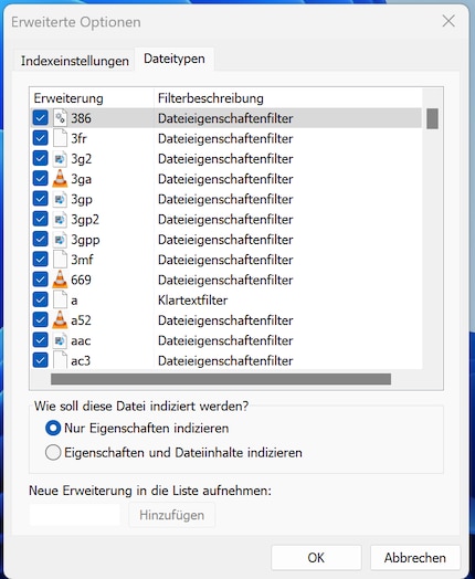 In den Indizierungsoptionen werden Inhalte auf deinem Computer nach bestimmten Punkten katalogisiert.