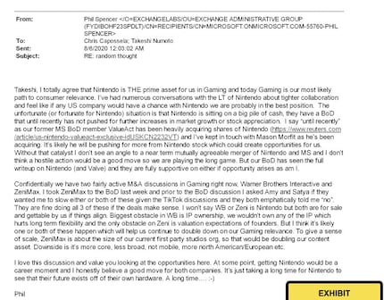 An email from Phil Spencer about potential acquisitions.