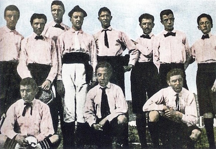 Late 19th century: the players of newly founded football club Juventus Turin wearing pink shirts.