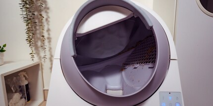 The clumped litter falls through the hole into the waste drawer below.