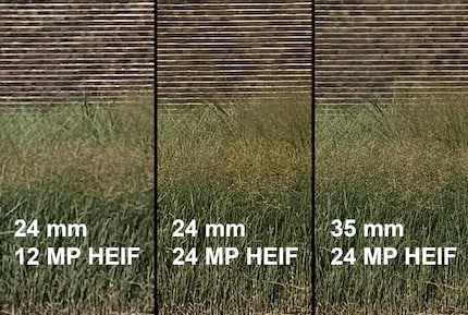 Im sehr stark vergrösserten Bild sieht man: Die neuen 24-Megapixel-Aufnahmen (Mitte) sind detailreicher als jene mit 12 Megapixel aus dem iPhone 14 Pro (links). Rechts der gleiche Ausschnitt mit der neuen 35-mm-Zoomstufe. Sie ist besser als ein blosser digitaler Zoom.