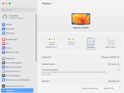 MacOS ist nicht auf die Dual-UHD-Auflösung vorbereitet. Ich habe nur die Wahl zwischen nativer Skalierung (2160p), Zweifach-Vergrösserung (1080p) oder noch grösseren Varianten. Nichts davon ist optimal.