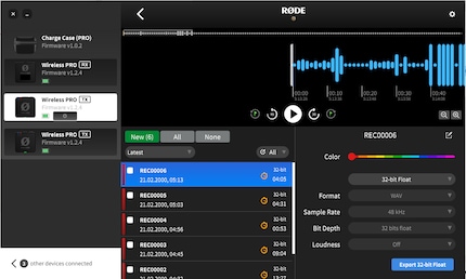 In «Rode Central» nimmst du Einstellungen vor und kannst On-Board-Recordings prüfen, wiedergeben und sie exportieren.