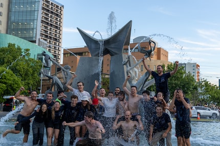 The Three Rivers Fountain in downtown Adelaide firmly in the hands of the Swiss team.