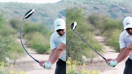 The distortion in previous models with stacked sensors, such as the Sony A9 II (right), is already less than standard sensors (left). But the golf club is still slightly crooked. With the global shutter, it would be totally straight.