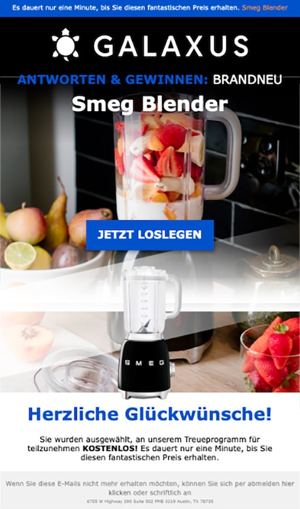 Es wird eine Teilnahme suggeriert. Und die kleingedruckte Adresse in den USA ist ebenfalls verdächtig.