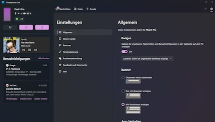 Die Benachrichtigungen und die Audio-Kontrolle erscheinen am linken Rand.