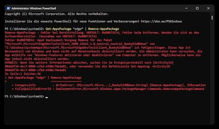 Uninstalling Edge with Windows PowerShell doesn’t work either.