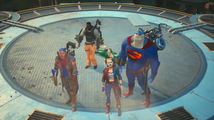 Die Mitglieder der Suicide Squad: Captain Boomerang, Deadshot, Harley Quinn und King Shark.
