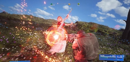 Barrett and Aerith performing a Synergy Skill.