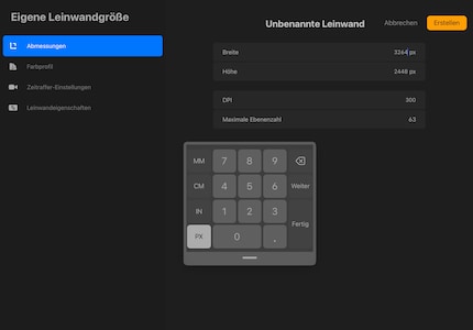 In addition to the canvas size, you will find further options for personalising your project, such as the colour profile, on the left-hand side.